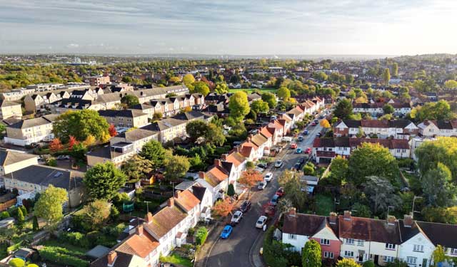 Aerial view of houses in a town 