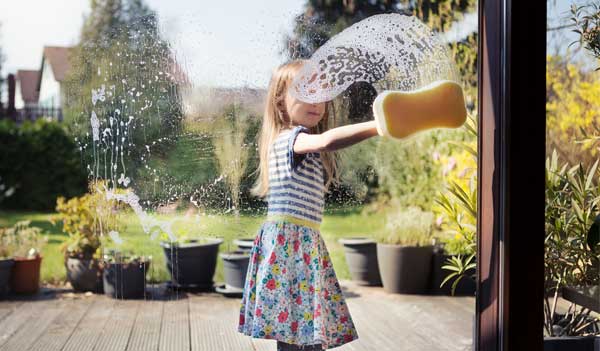 Child cleaning window